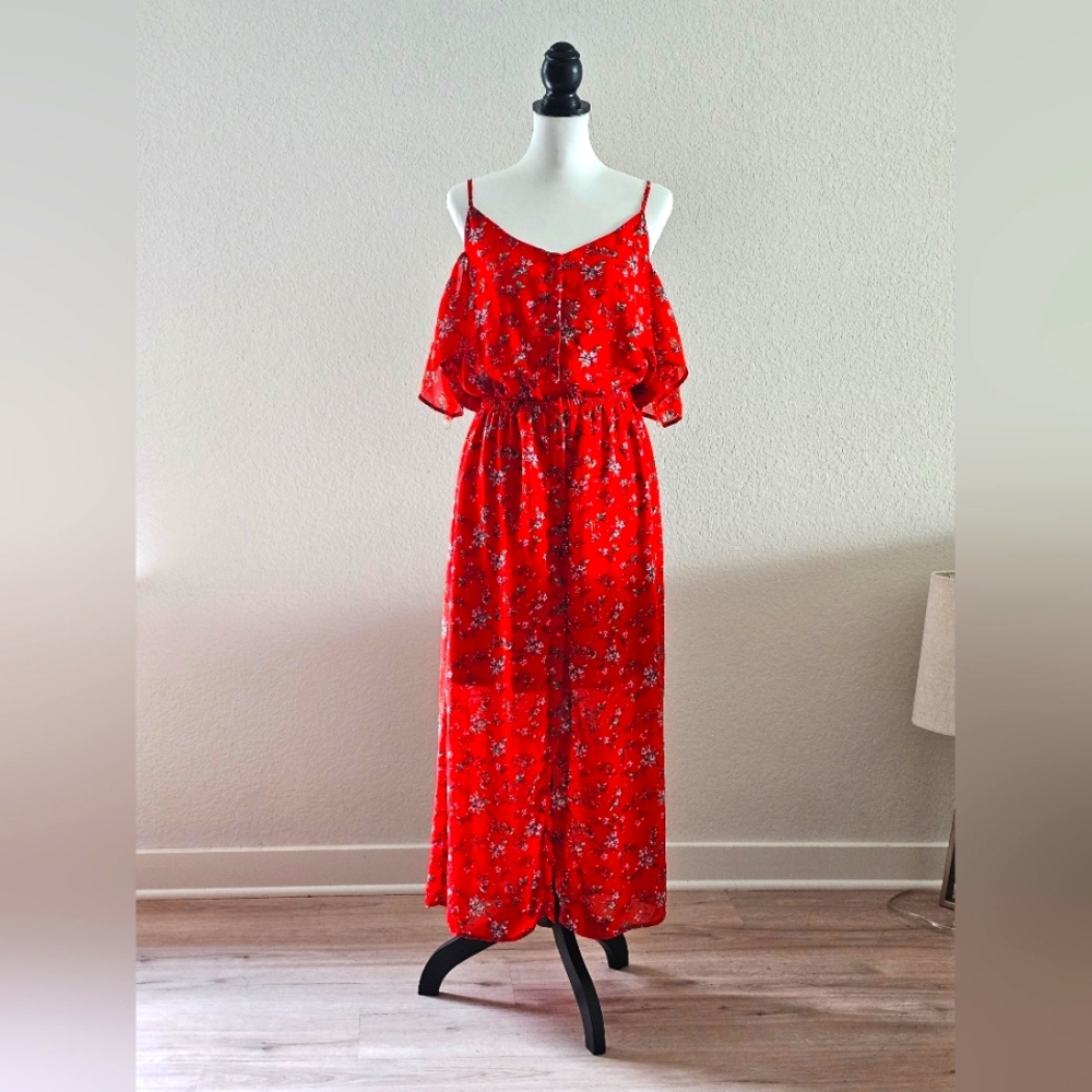 ALMOST FAMOUS Red Floral Dress with Single Straps/Ruffle Strap Detail SIZE L